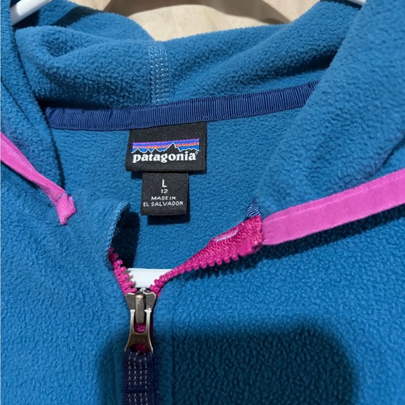 Patagonia Girls Jacket Large Micro D Snap T 12 Fleece Zip Hoodie Navy Pink YOUTH - Picture 2 of 3